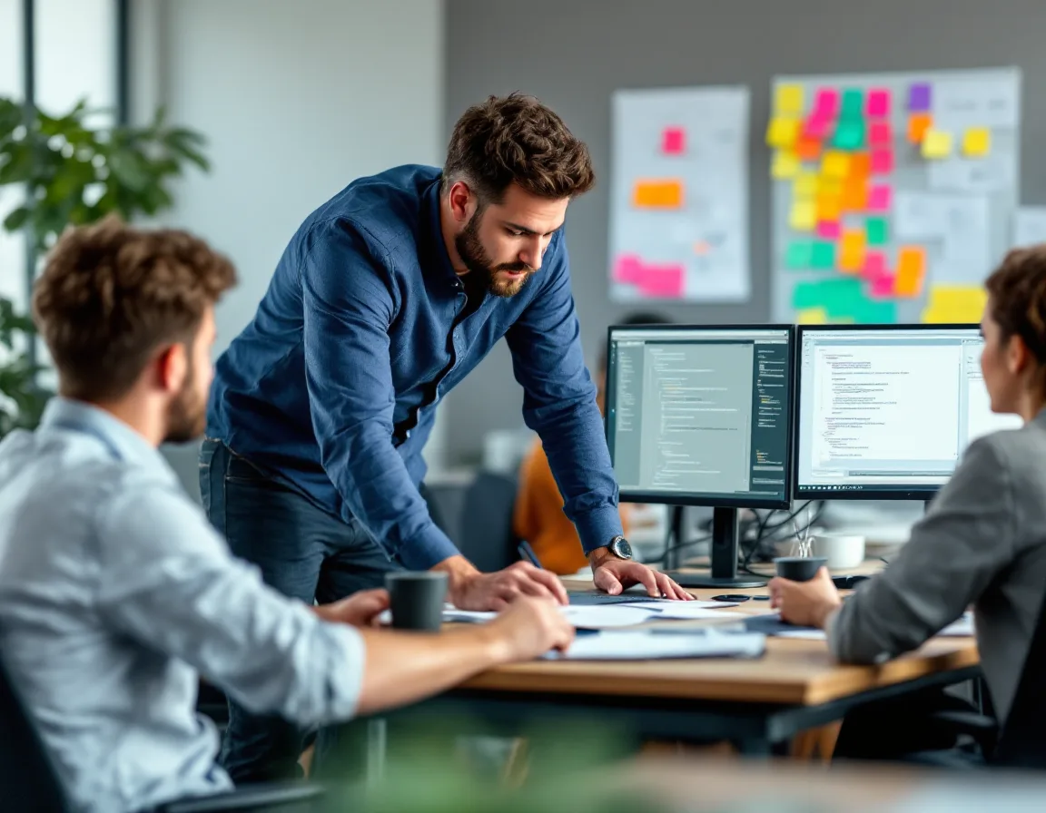 Software engineering team working on a product build with a sprint board, the kind of team a CTO leads