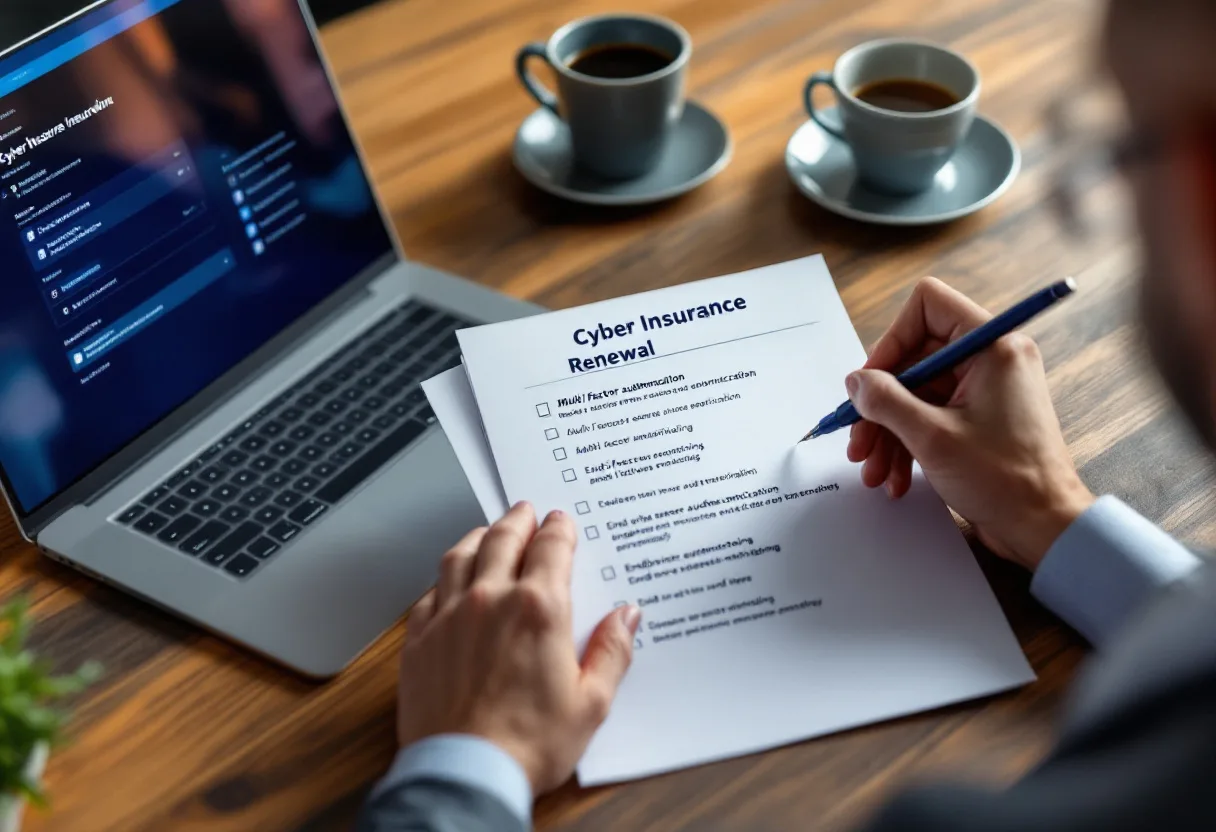 Business owner working through a printed cyber insurance renewal application with checkbox questions about multi factor authentication and endpoint monitoring