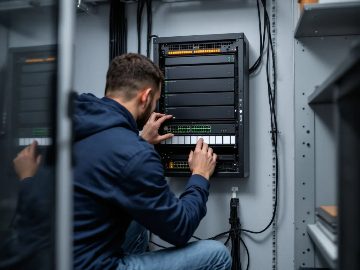 IT technician checking the firewall and patch panel in a small law office network closet