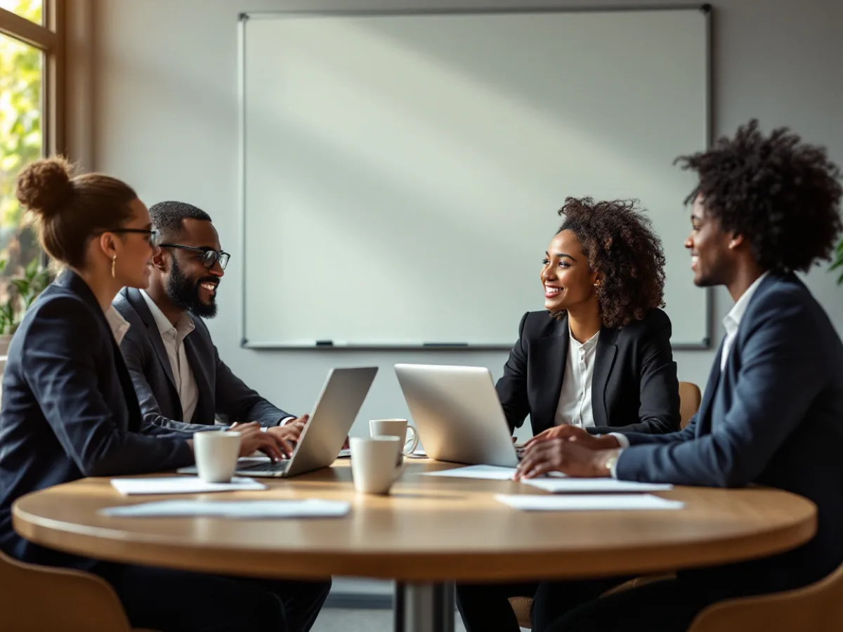 Four members of a small law firm meeting around a round table to plan the firm security program