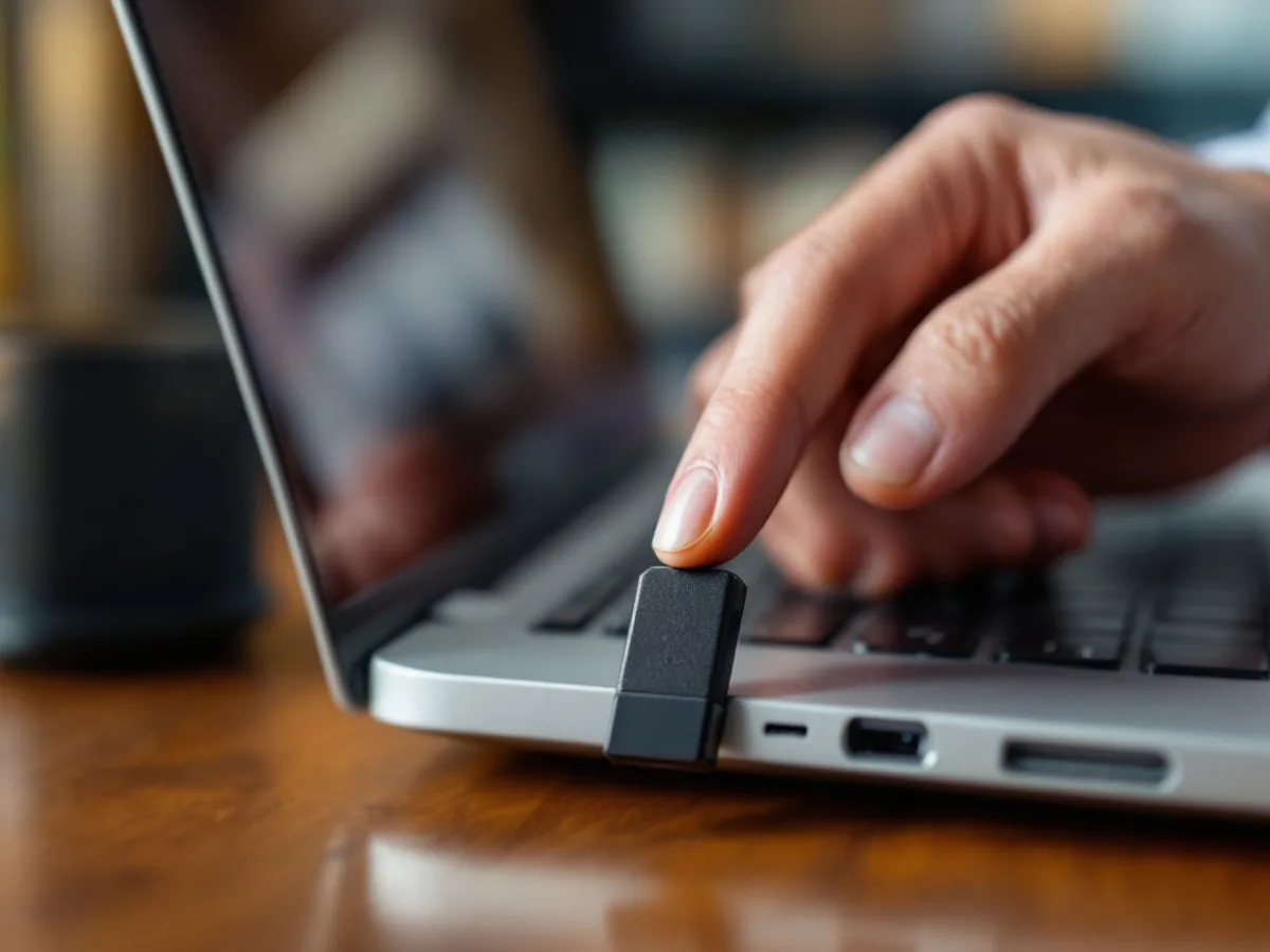 Hand pressing a hardware security key plugged into a laptop, a phishing-resistant second factor for law firm sign-ins