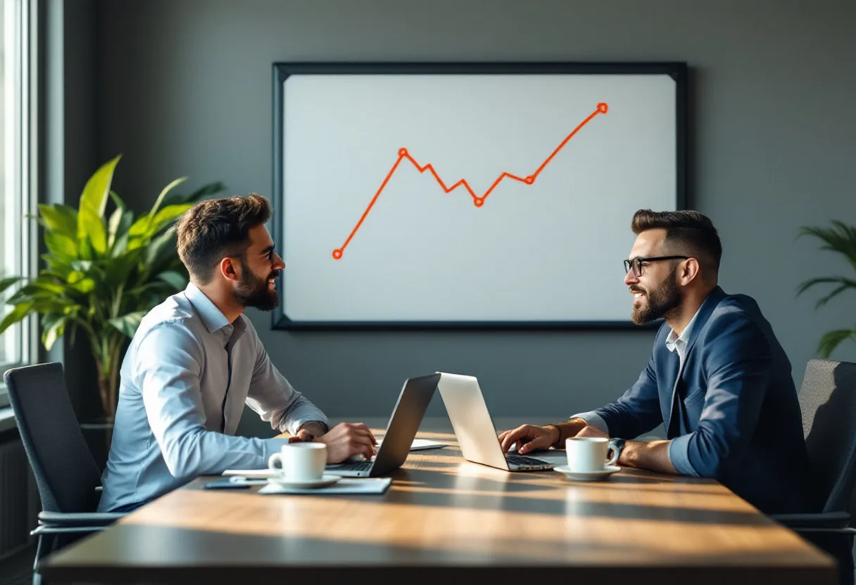 Dallas business owner and IT consultant at a conference table with a whiteboard chart showing a jagged hourly IT cost line crossing a flat monthly fee line