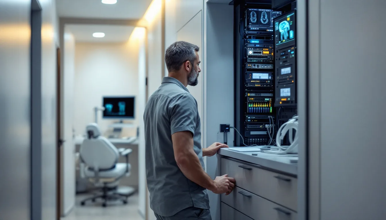 IT engineer working on a network rack inside a dental clinic with an imaging workstation visible in the operatory beyond