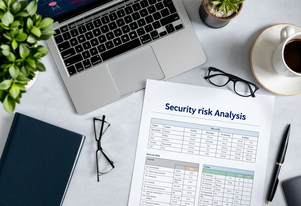 Printed and dated HIPAA security risk analysis document with risk rating tables on a dental office desk beside a laptop showing a network diagram