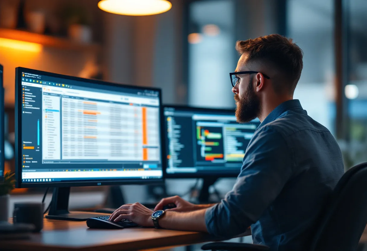 IT engineer at a dental practice back office desk reviewing backup job status on a monitor with a second screen showing a file directory tree