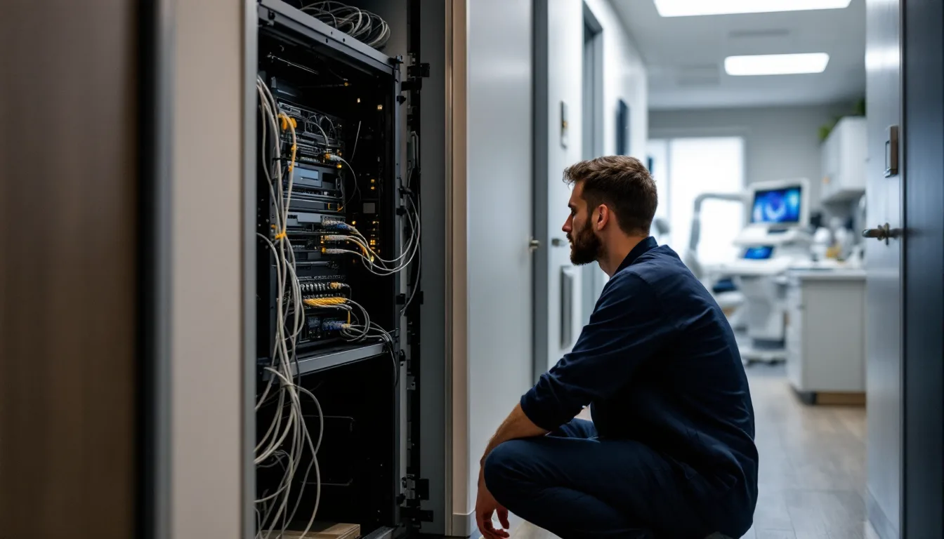 IT technician working on a wall mounted server rack in a dental office utility closet with structured cabling