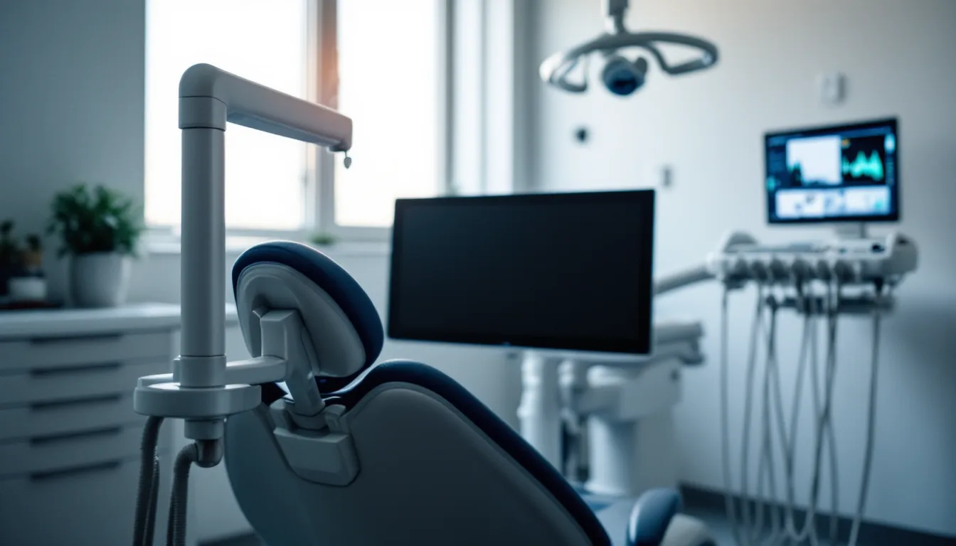 Chairside computer workstation and wall mounted monitor in a modern dental operatory
