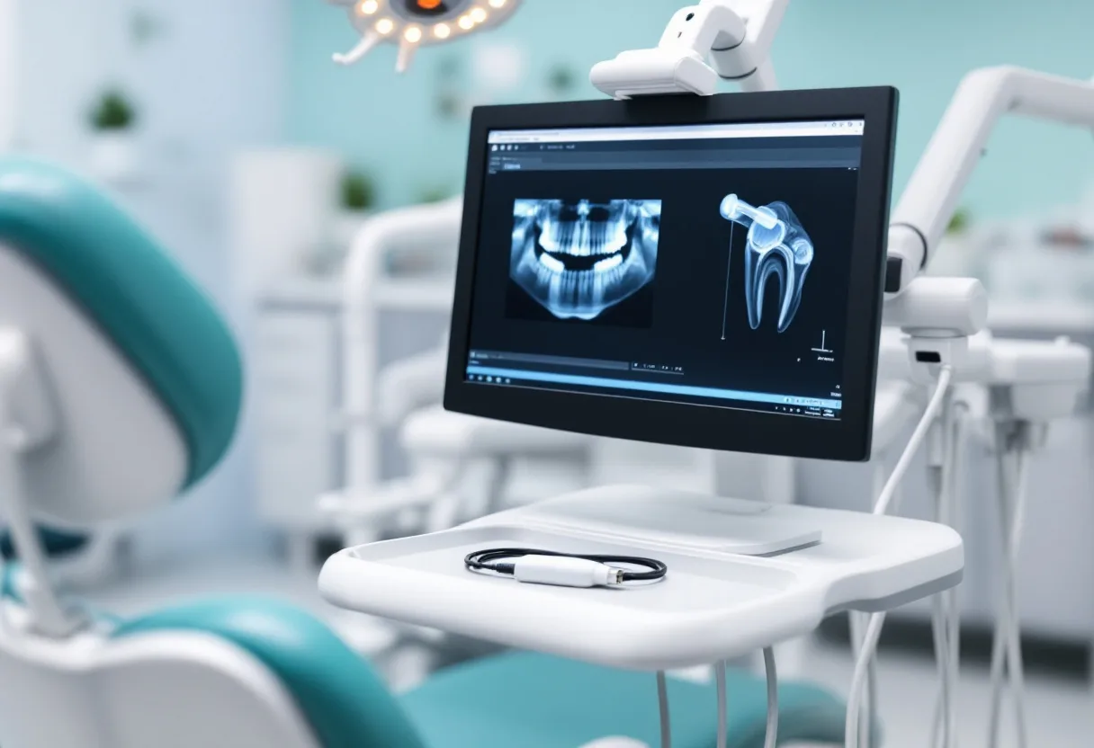Dental operatory chairside monitor displaying a radiograph with a digital intraoral sensor and cable resting on the instrument tray