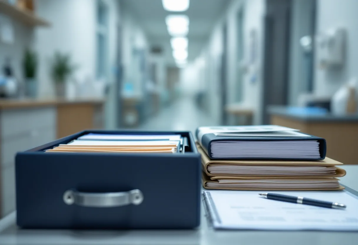 Open filing drawer with labelled ring binders and dated paper records on a dental practice administrative counter with a pen on a signed form