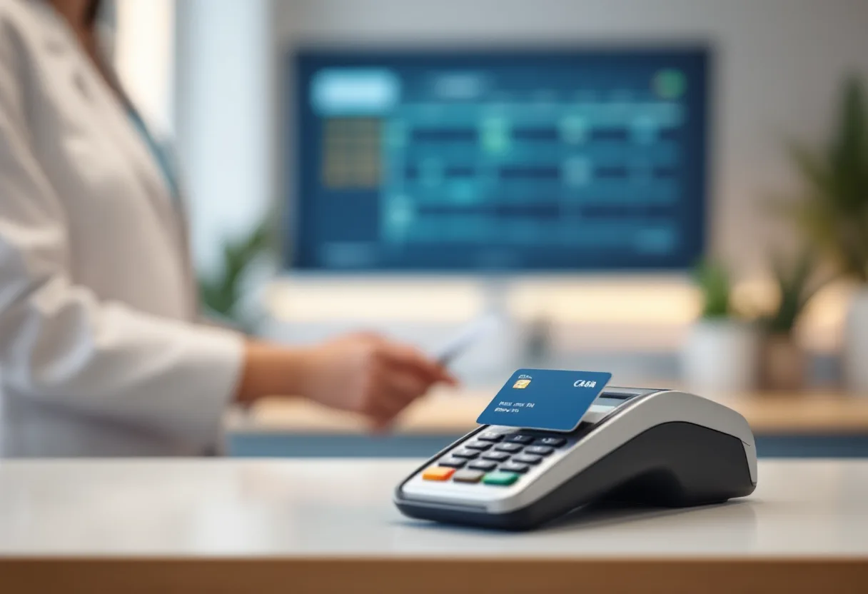 Chip and PIN card payment terminal on a dental clinic reception counter with a blurred scheduling monitor behind it
