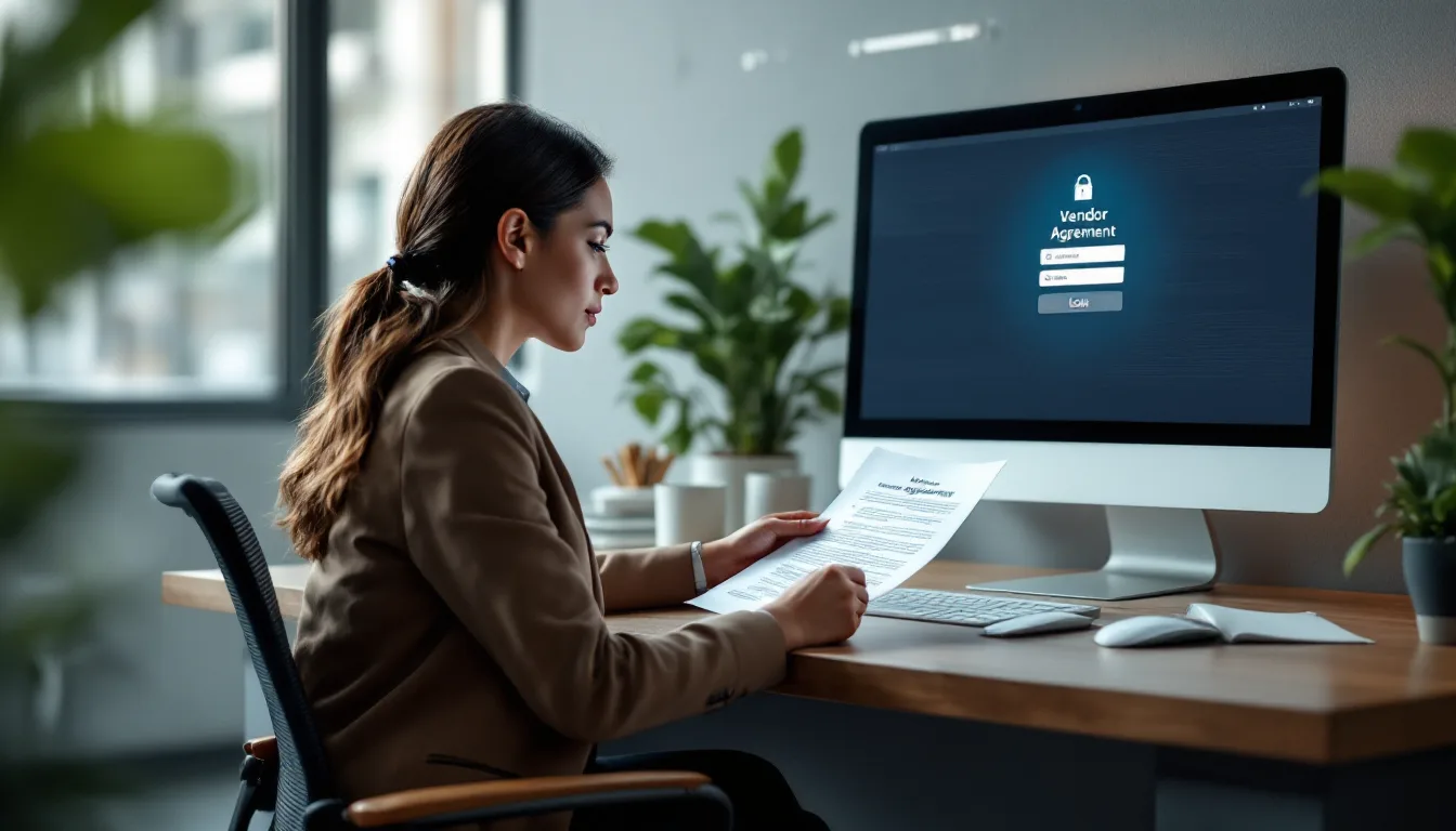 Dental practice manager at a back office desk reviewing a printed vendor agreement beside a monitor showing a secure login screen