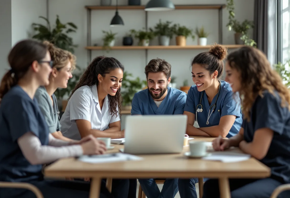Seven person dental practice team in scrubs and business casual gathered around a laptop in a clinic break room for a short staff briefing