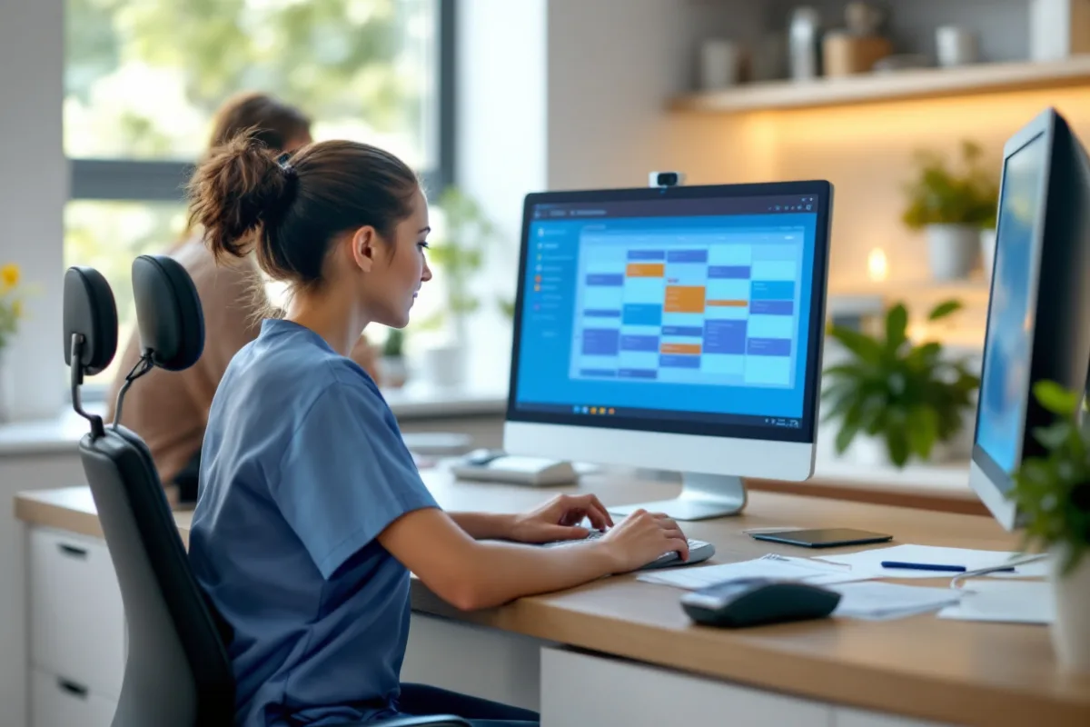 Dental front office coordinator working in practice management software at a reception workstation in a Houston dental office