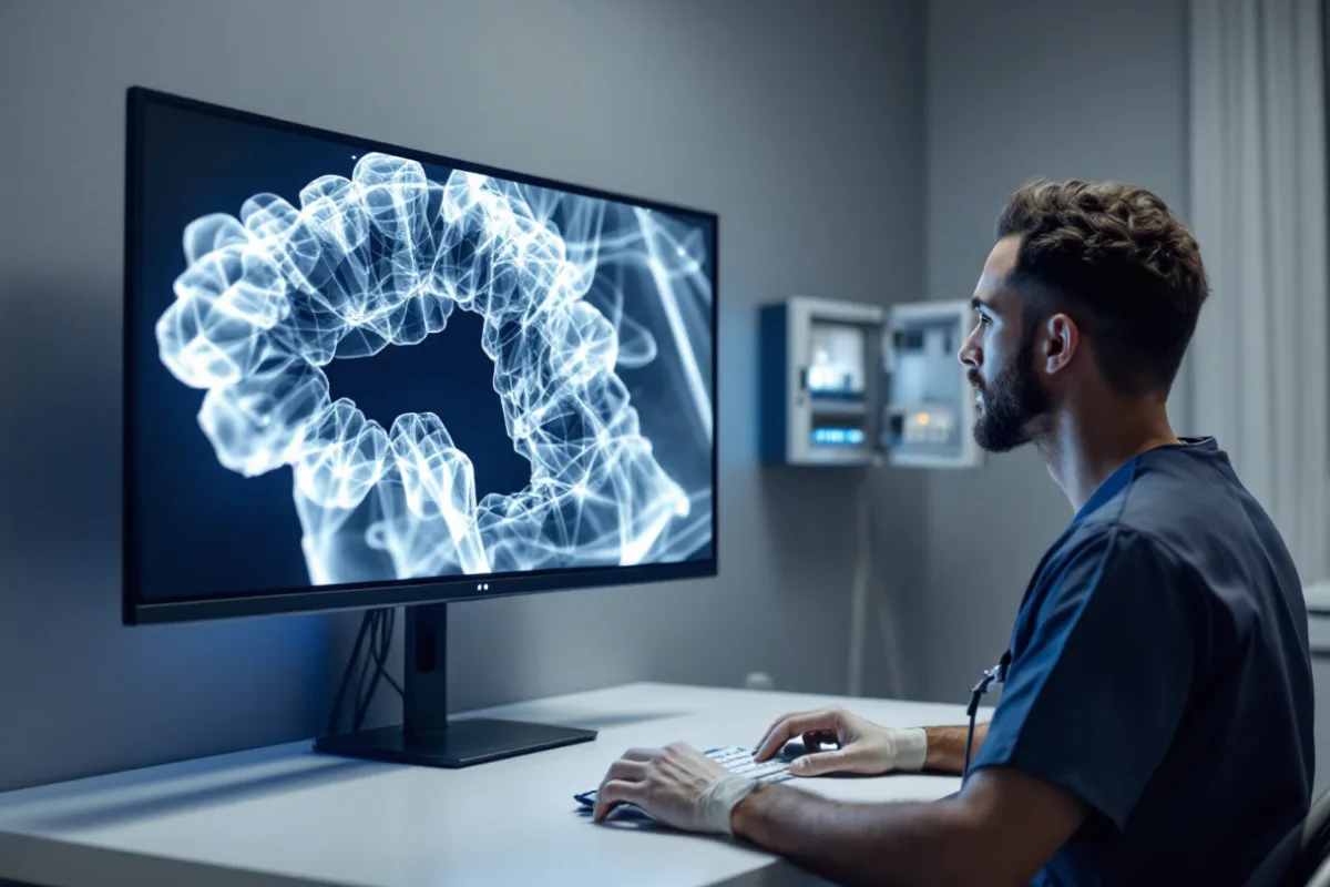 Dentist reviewing a three-dimensional dental imaging volume on a widescreen monitor in a Houston dental practice consultation room