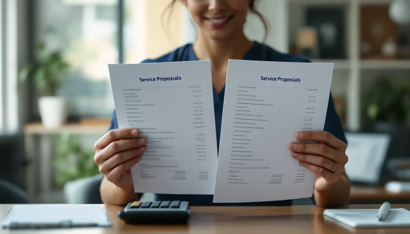 Dental practice owner comparing two printed IT service proposals with a calculator at the front office desk