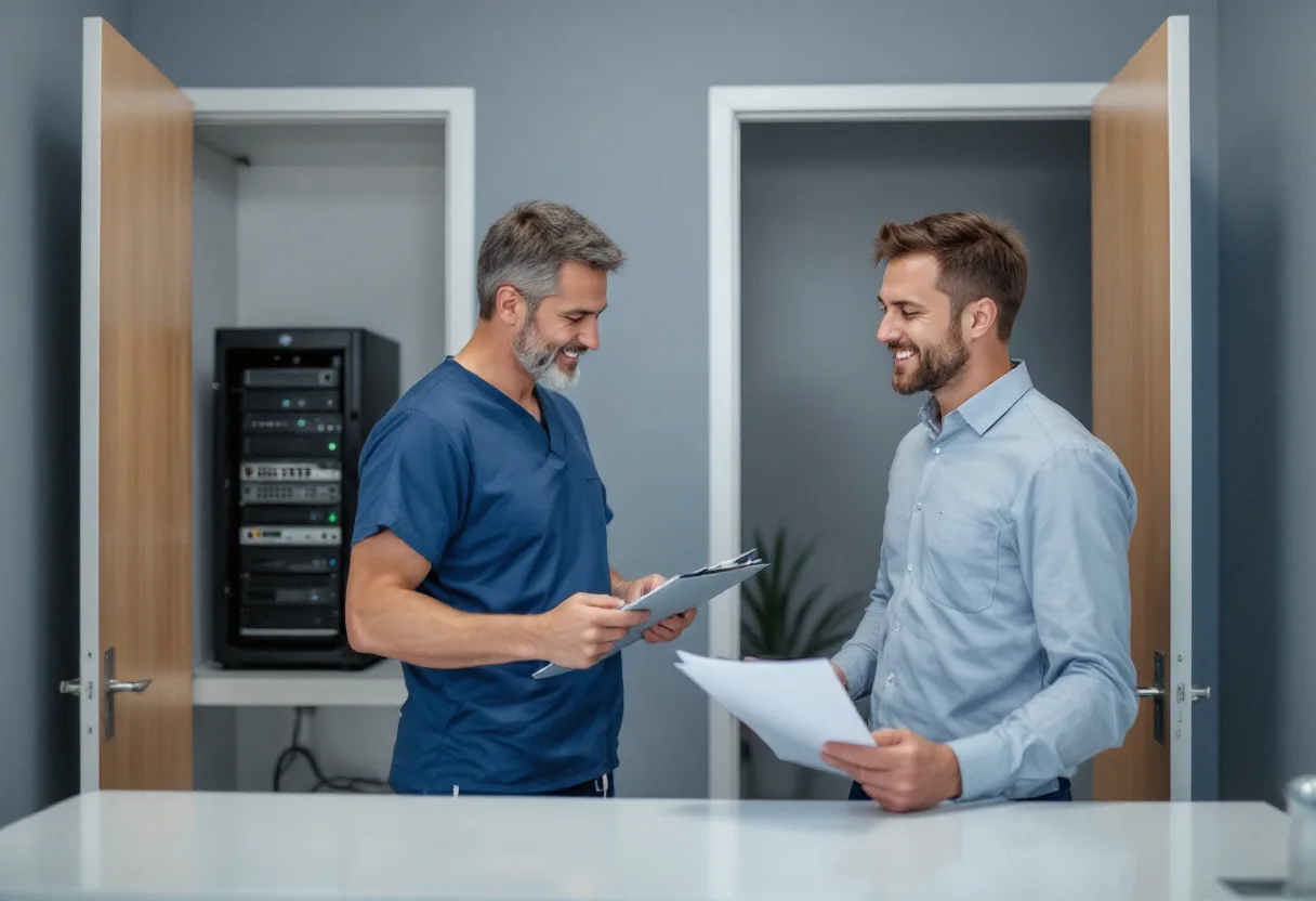 Dental practice owner and IT consultant reviewing a printed technology asset inventory at a back office counter with an open server closet behind them