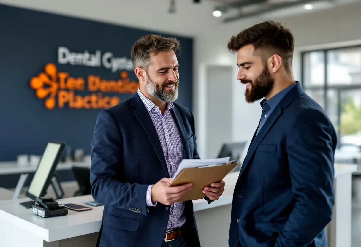 Dental practice owner and IT consultant reviewing a printed technology plan on a clipboard at the reception counter