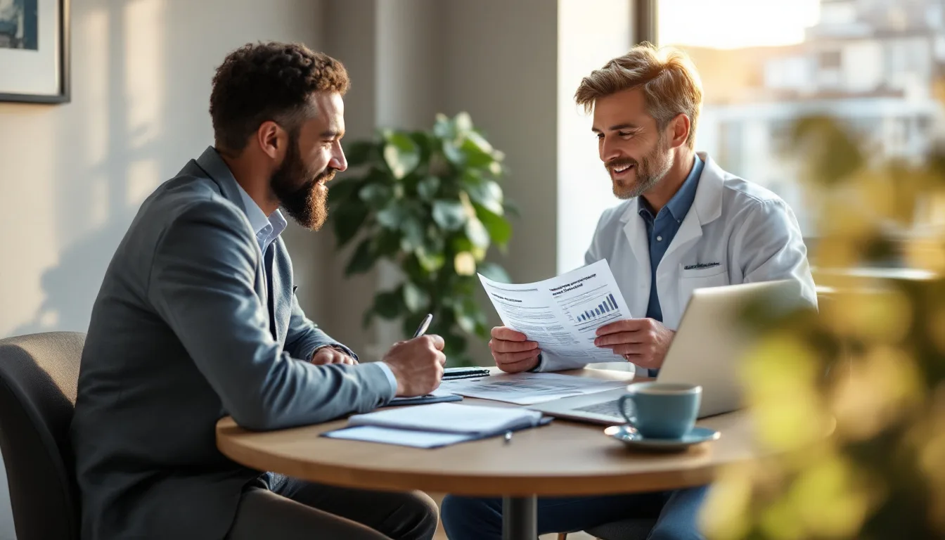 Two dental practice owners comparing managed IT vendor proposals at a table in the office break room