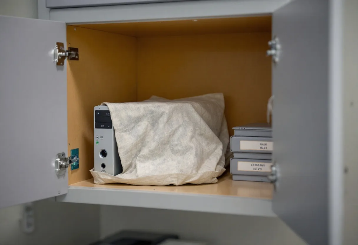 Retired server tower and labelled archive hard drives stored on a cabinet shelf in a dental practice back office