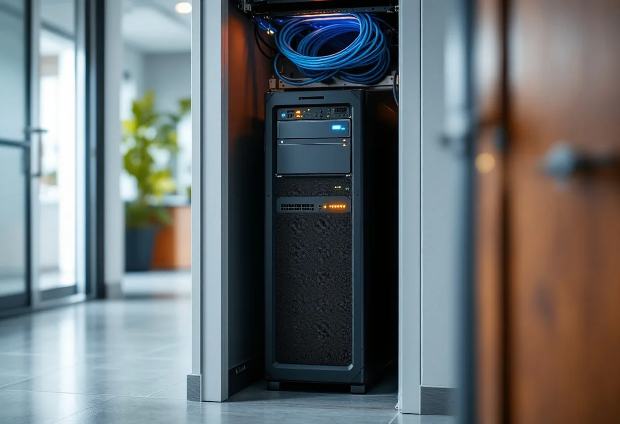 Server tower, gigabit switch, patch panel and UPS battery backup in the utility closet of a dental practice
