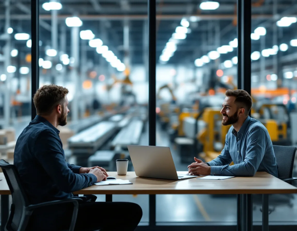 Operations manager and IT lead talking at a table in a glass office overlooking a DFW manufacturing floor