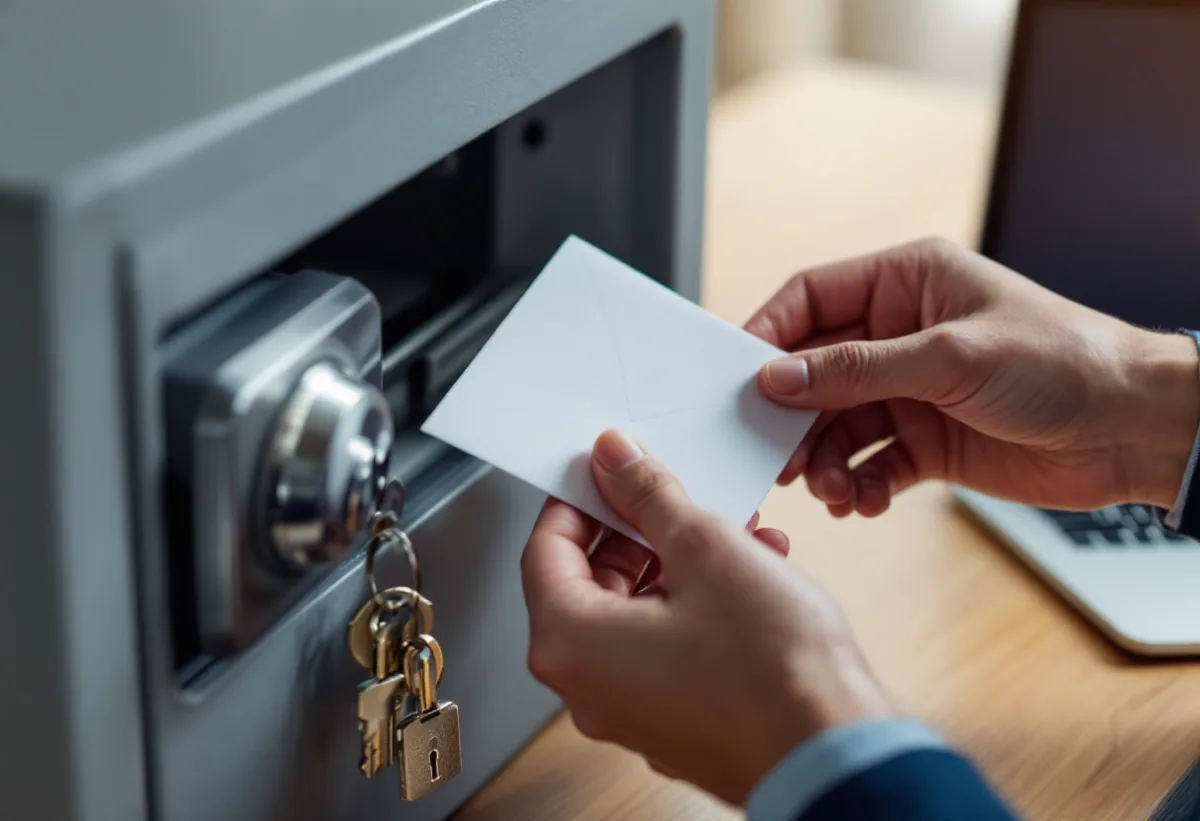 Hands placing a sealed envelope of emergency admin credentials into an office safe before an IT administrator leaves