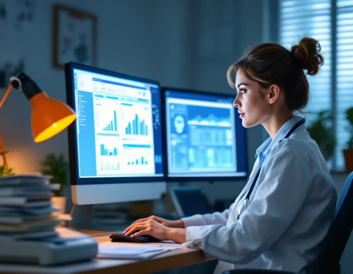 A clinician comparing patient data on two monitors in a back office beside a stack of paper records during an EMR data migration