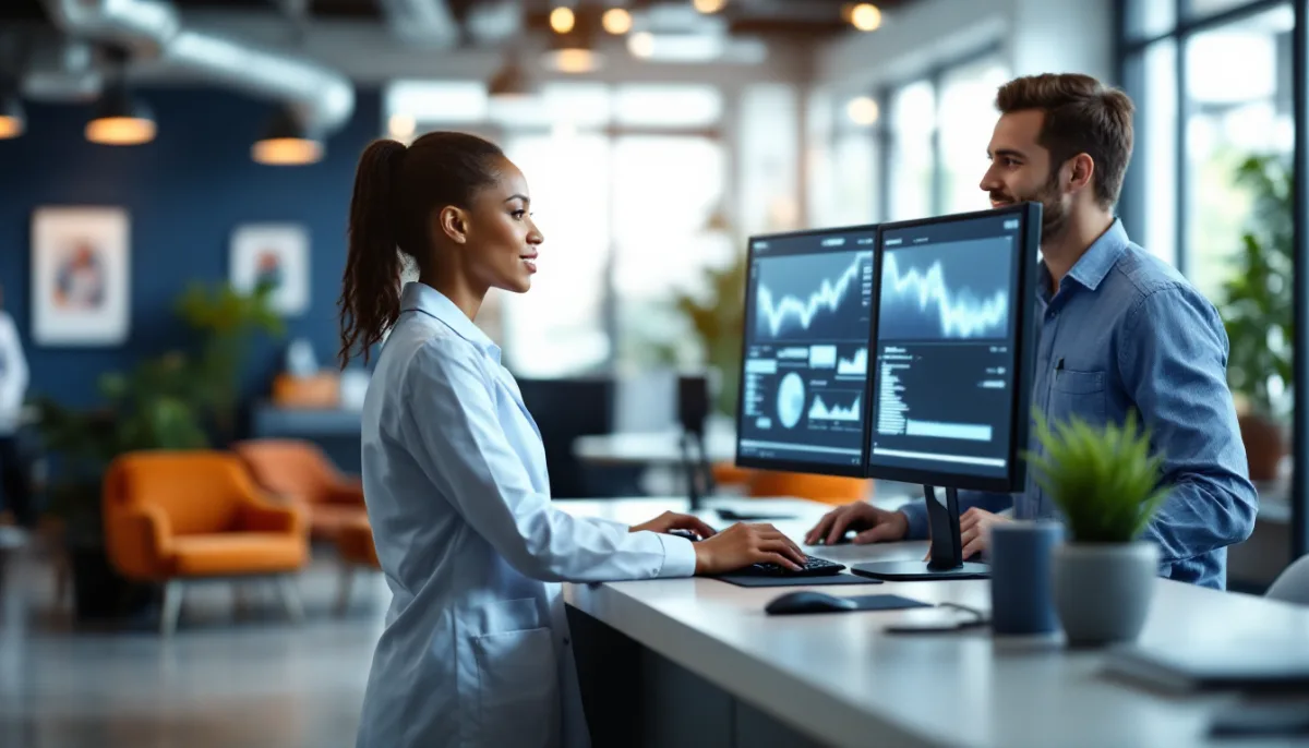 A clinician in a white coat and an IT engineer reviewing two monitors at a clinic front desk during an EMR migration