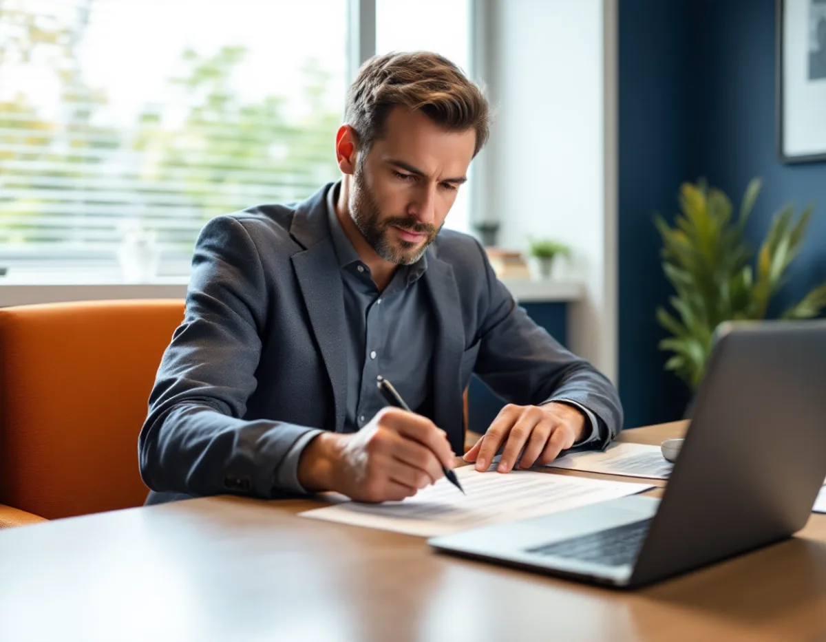 A practice owner reviewing and signing a printed EMR vendor contract at an office table next to a laptop