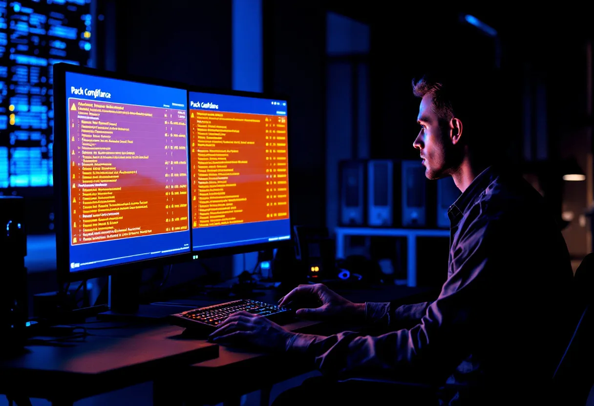 IT engineer reviewing a patch compliance dashboard that flags outdated operating systems while older office desktops wait on a cart for replacement