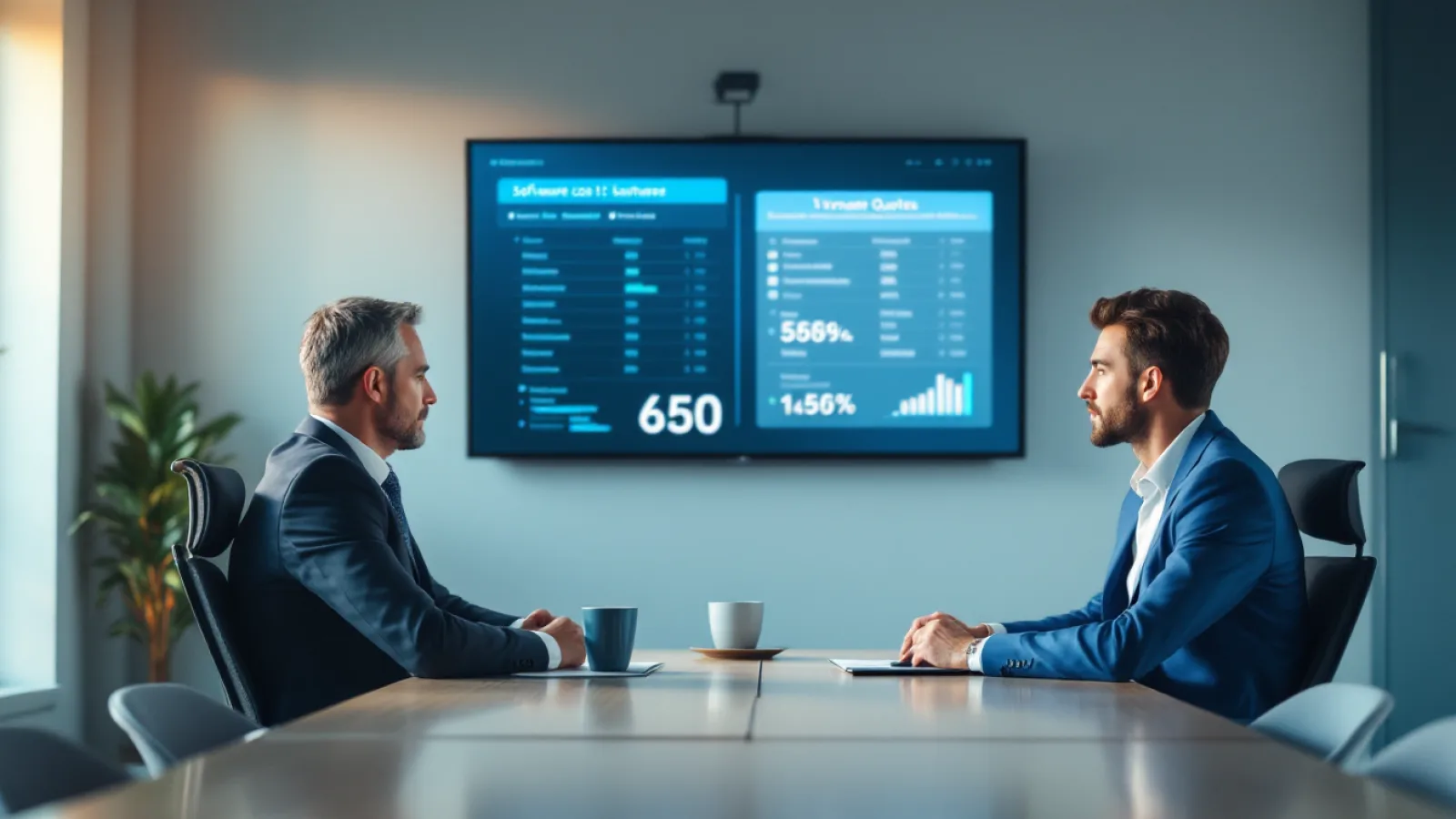 A CFO and an IT consultant in a conference room comparing two ERP vendor quotes and a cost chart on a large wall monitor