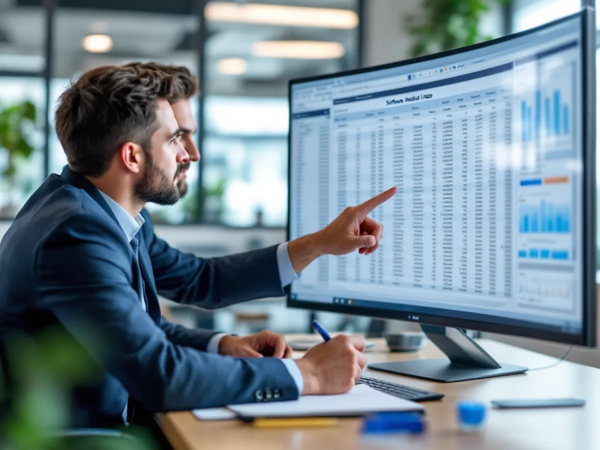 Two business analysts reviewing a detailed software module usage spreadsheet on a monitor while one takes notes