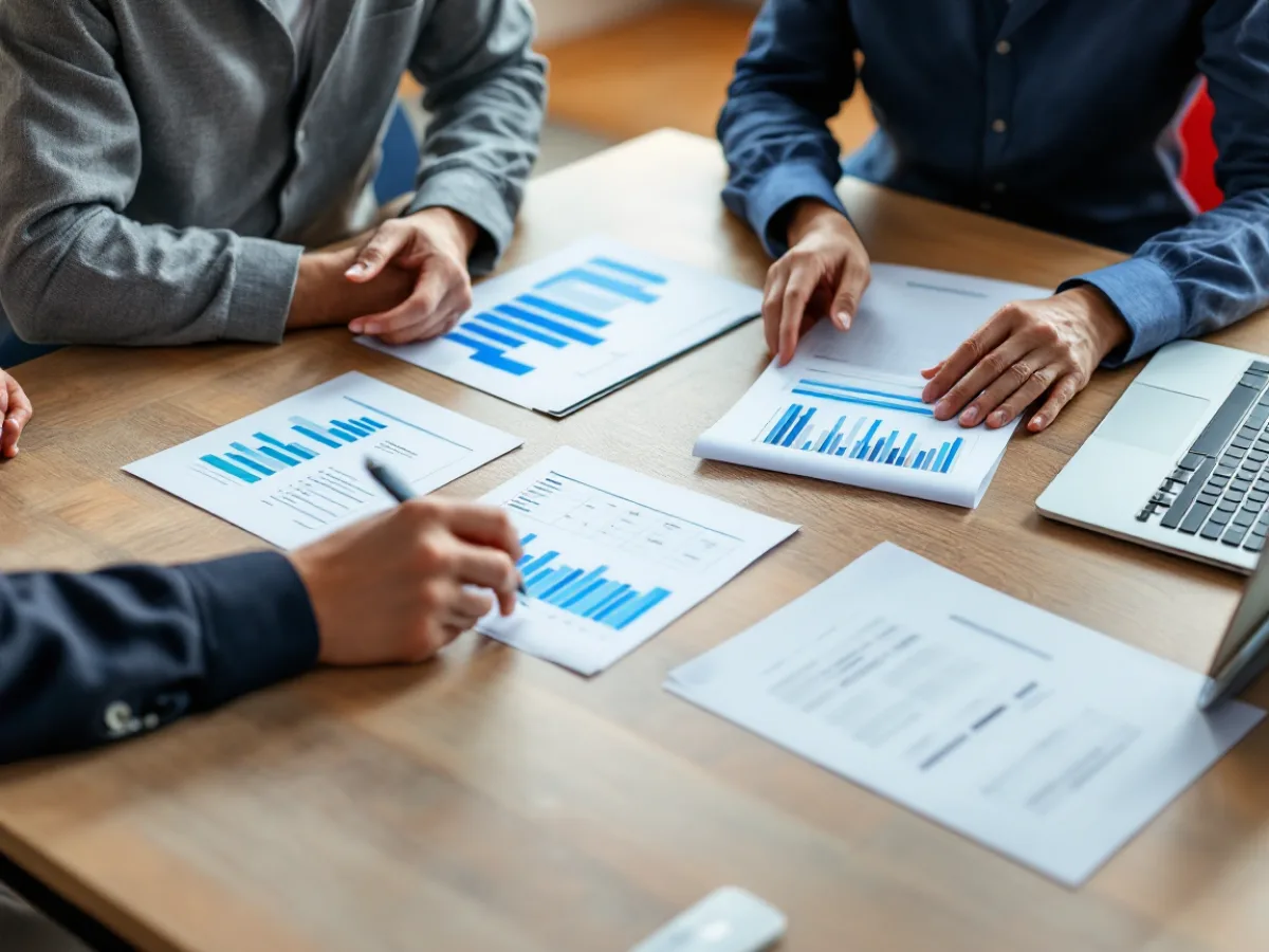 A business owner and an advisor at a conference table comparing three printed ERP vendor proposals beside an open laptop