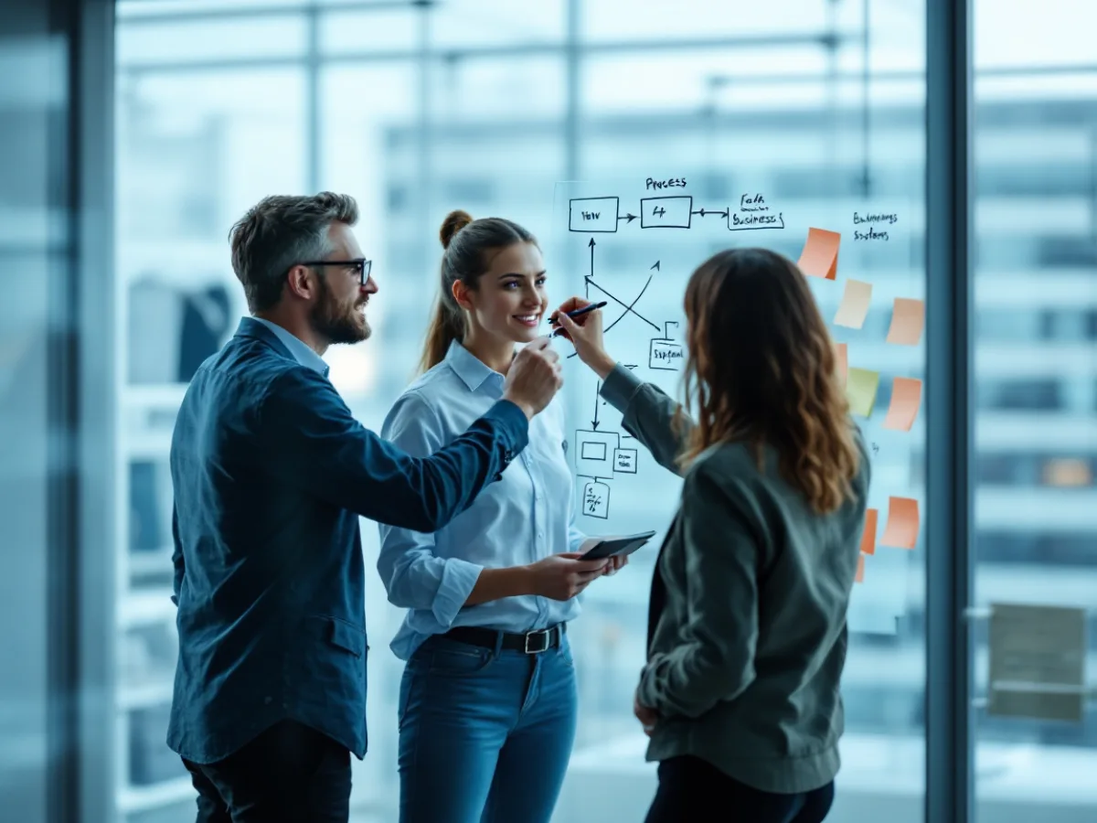 Three colleagues at a glass whiteboard mapping a business process flow and system integrations with sticky notes