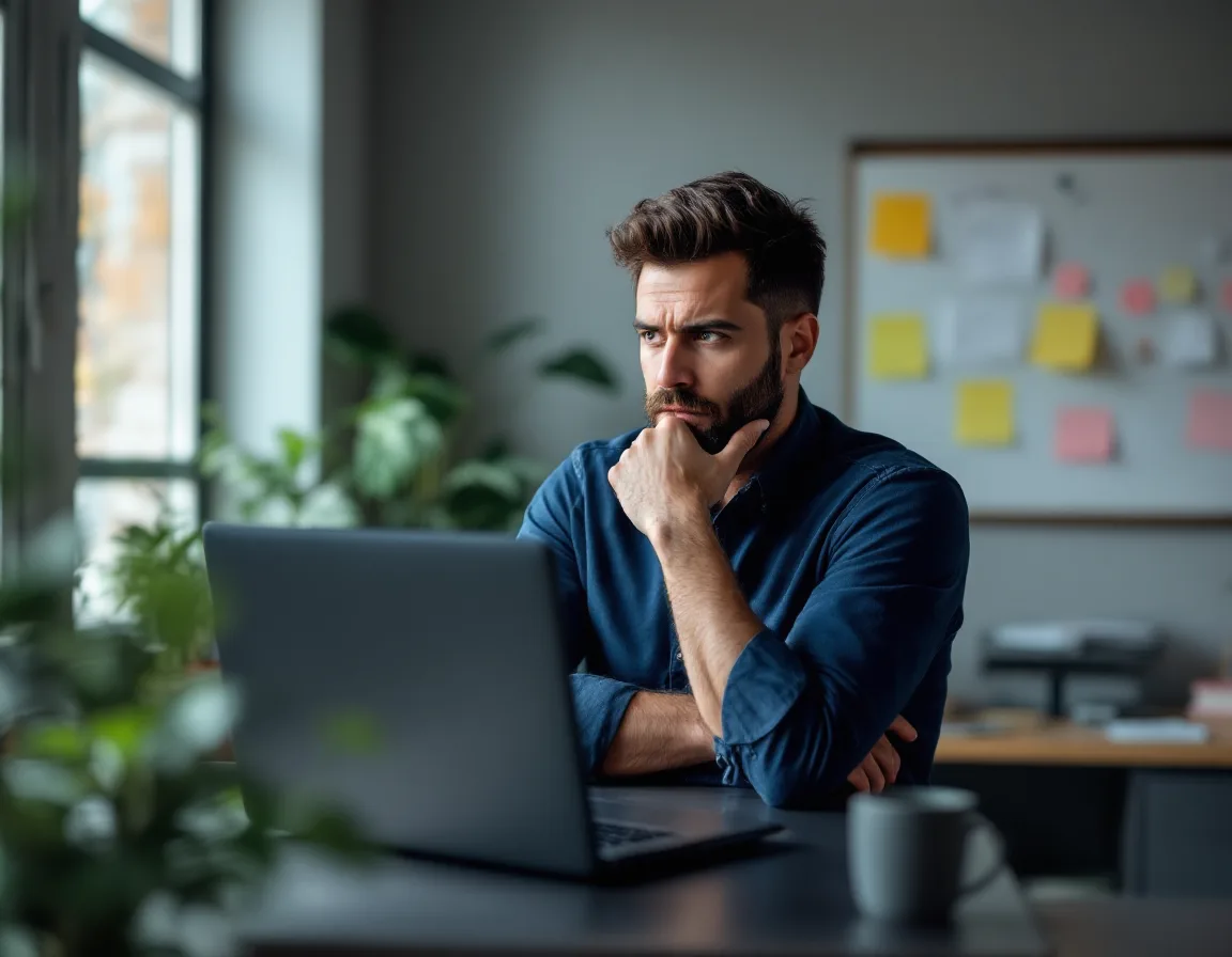 An experienced software engineer sitting back from a laptop with a skeptical expression, reflecting the randomized trial that measured experienced developers running 19 percent slower with AI tools