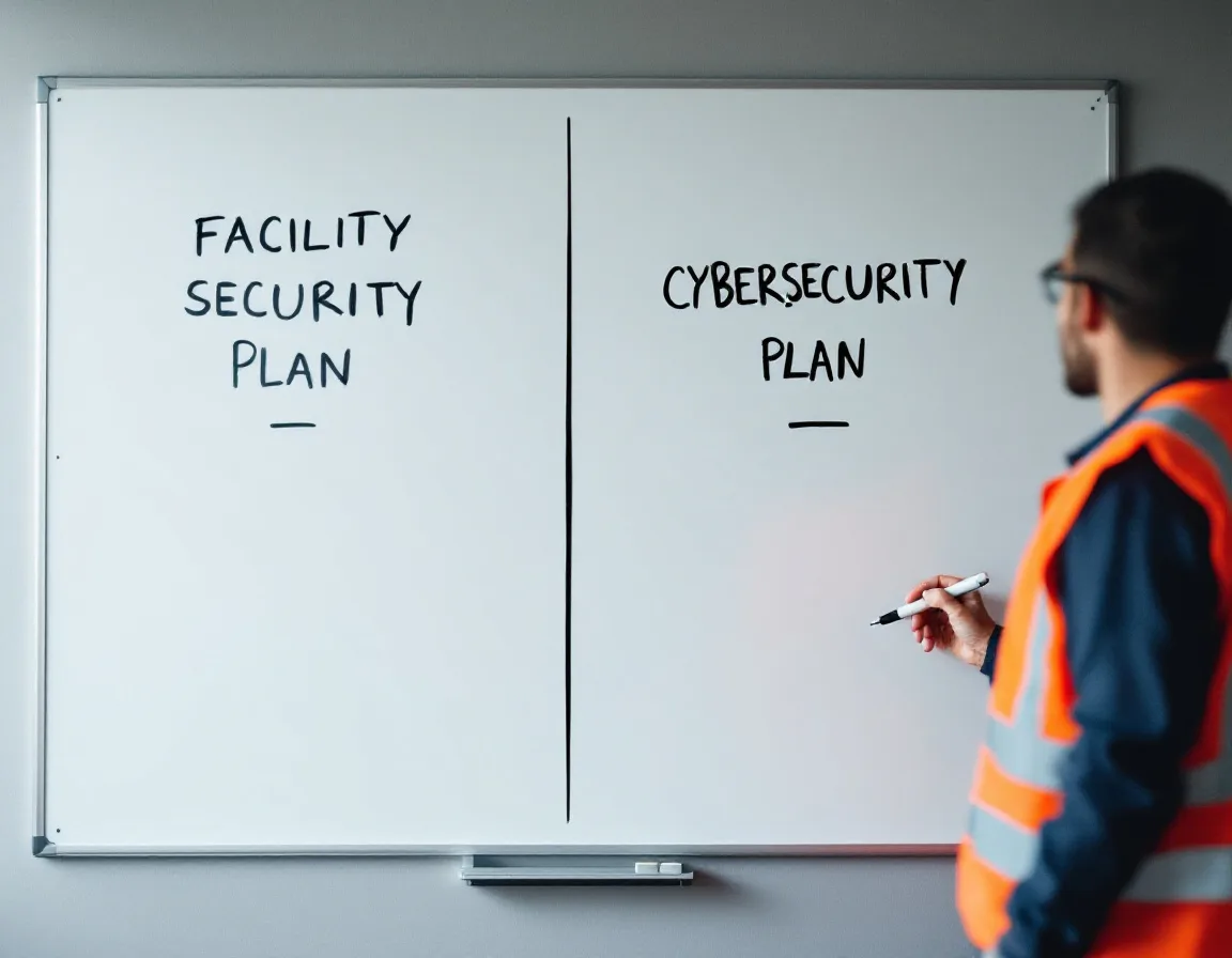 Whiteboard split into two columns headed Facility Security Plan and Cybersecurity Plan while a worker in a safety vest holds a marker