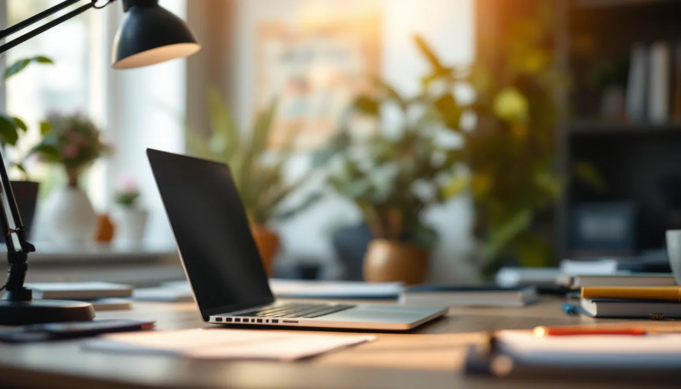 Desk at a Fort Worth accounting firm with a closed laptop and desk lamp in warm afternoon light