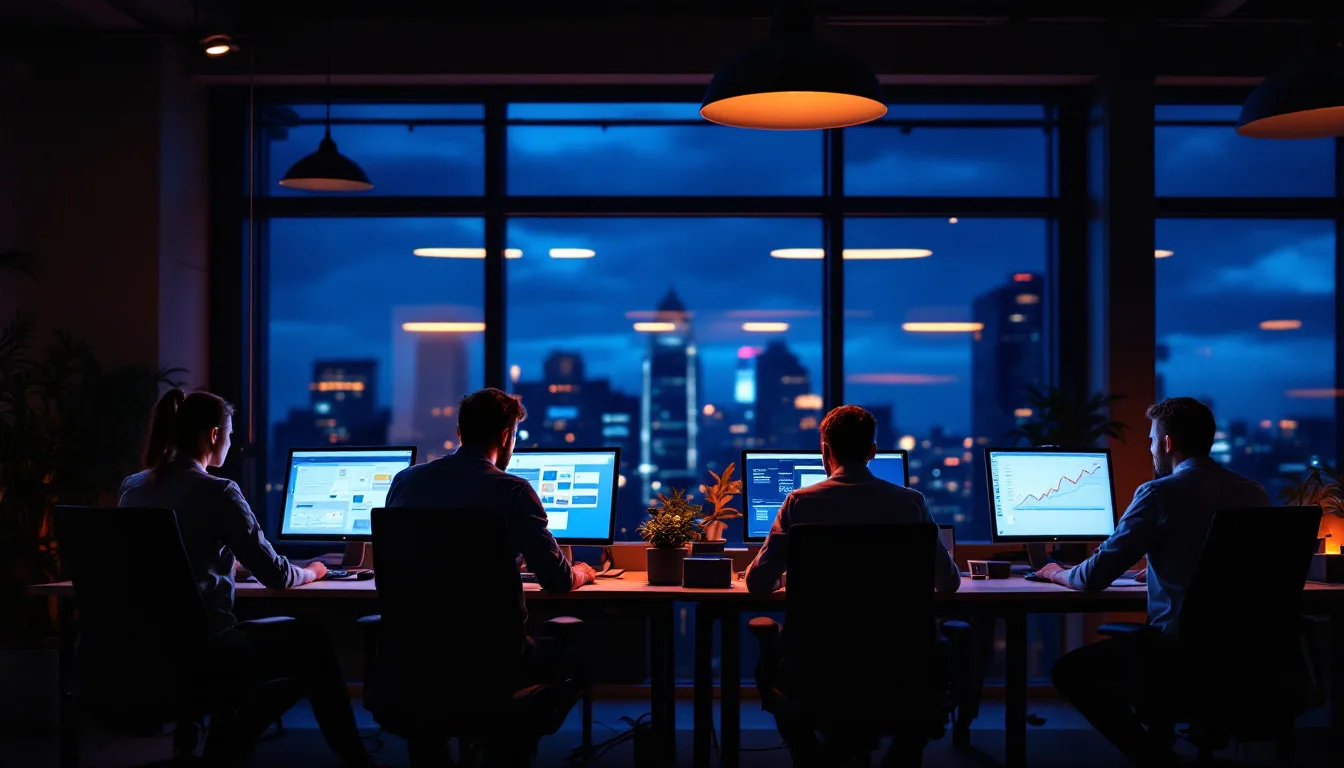 Staff at a Fort Worth accounting firm working late through filing season in an open-plan office