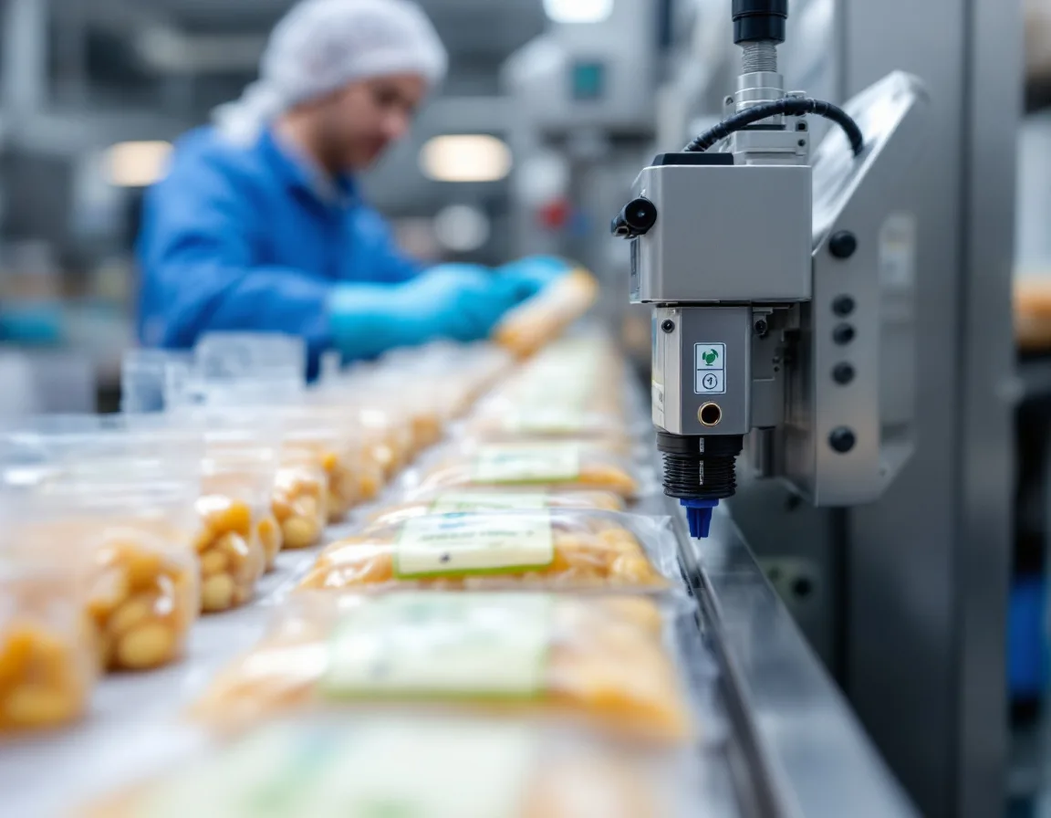 Sealed food pouches moving along a stainless steel packaging line past an industrial inkjet coding head