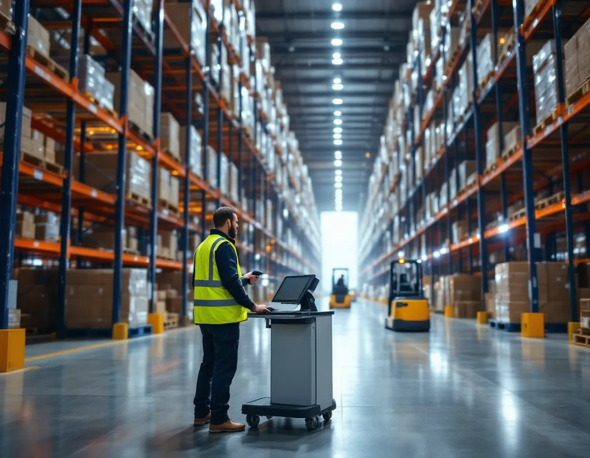 Warehouse worker in a safety vest using a handheld scanner at a shared computer terminal cart between tall pallet racks