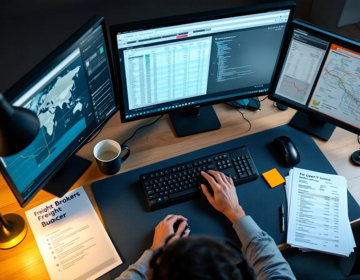 Freight broker desk with three monitors showing a load board and route map beside a printed per-user IT quote and a calculator