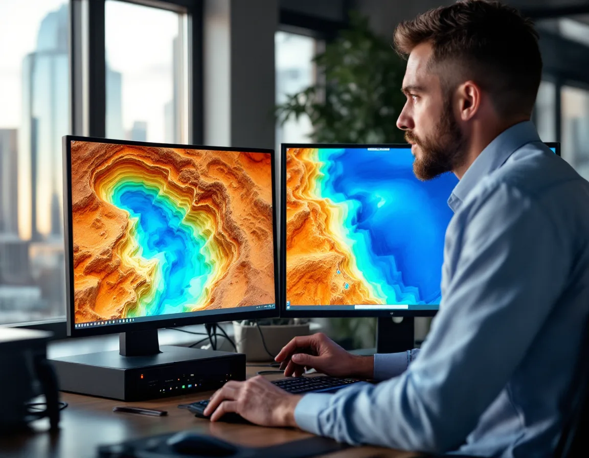 Geoscientist at a dual-monitor workstation studying a colorful 3D subsurface model in a Houston office