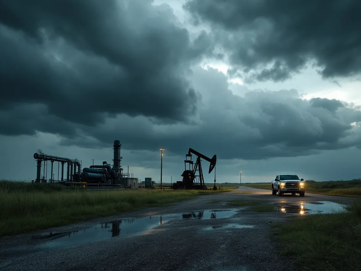 Compressor piping and a pump jack on a Gulf Coast oil lease under dark storm clouds, with a pickup truck on the wet lease road