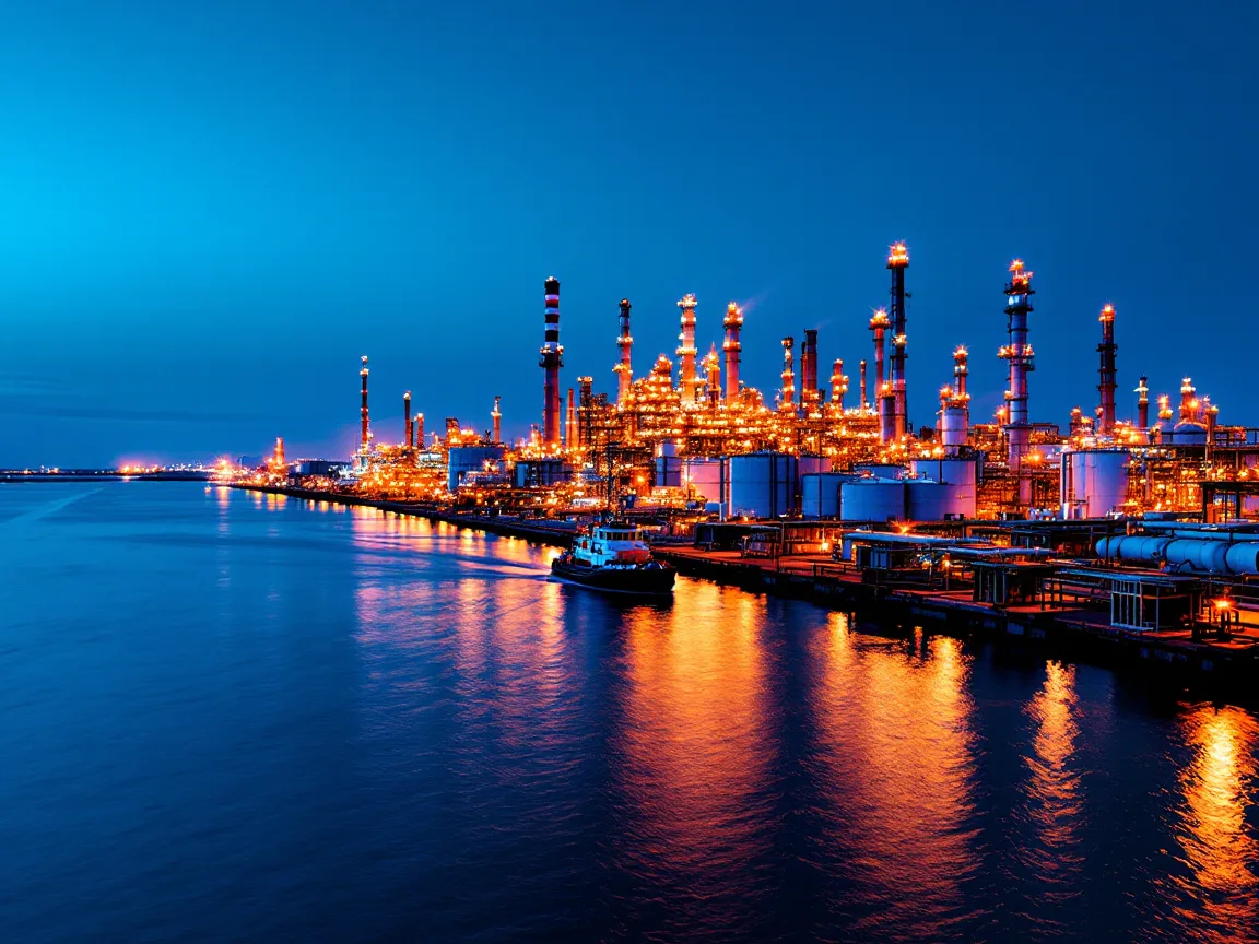 Refinery and petrochemical complex lit up along a Gulf Coast ship channel at blue hour, with a tugboat moving past the storage tanks and towers