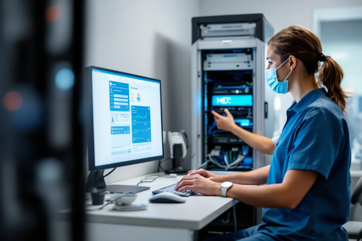 Clinician entering notes in an EHR at a Tarrant County practice while an engineer checks the wall-mounted network rack beside her