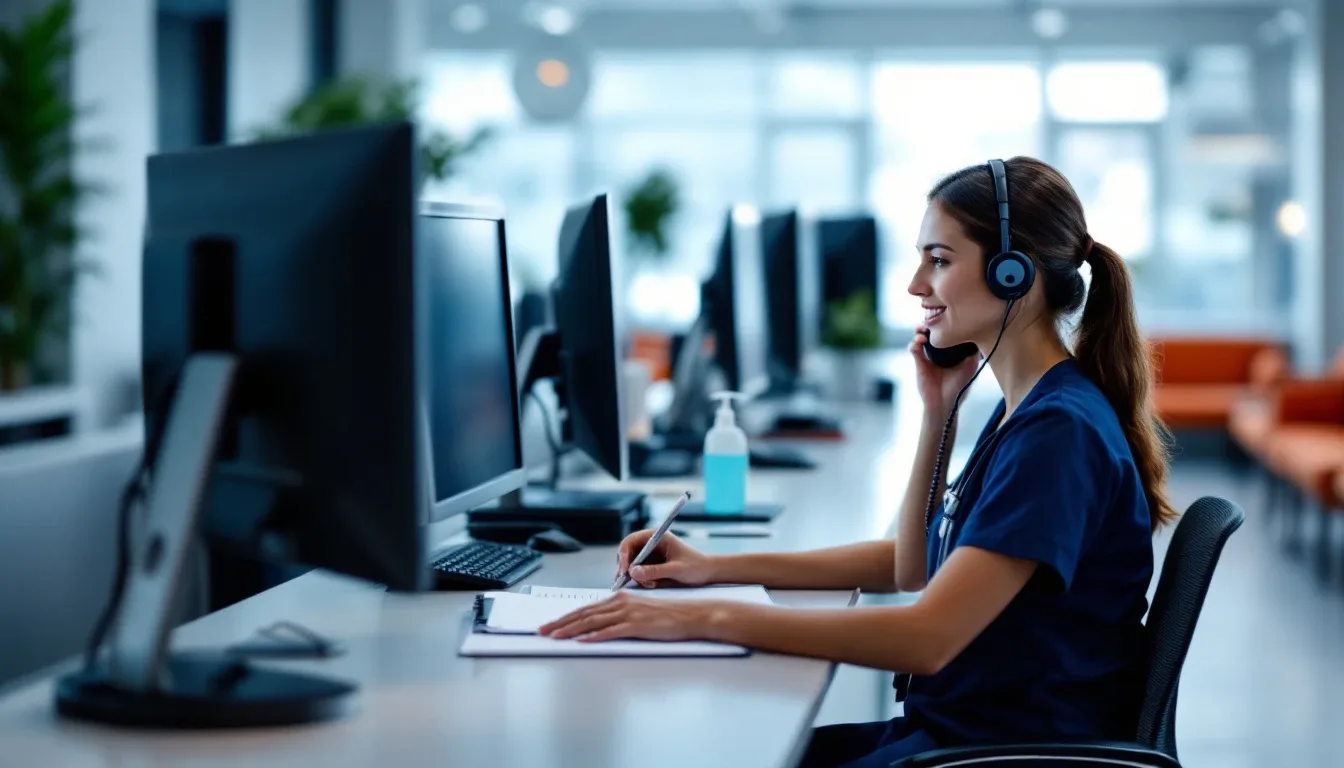 Clinic front desk coordinator on the phone with the IT help desk at a San Antonio outpatient practice