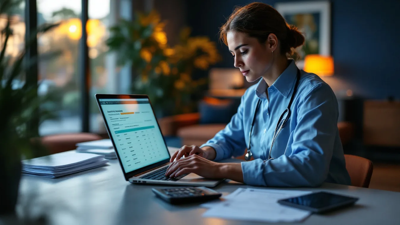 Clinician at a Texas medical practice reviewing an annual HIPAA compliance budget on a laptop after hours