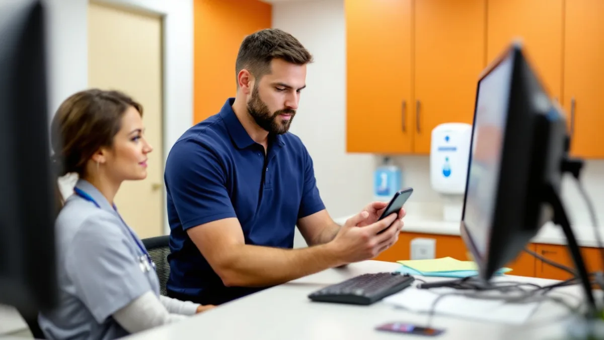 IT engineer setting up multi-factor authentication on a phone for a nurse at a Texas clinic front desk