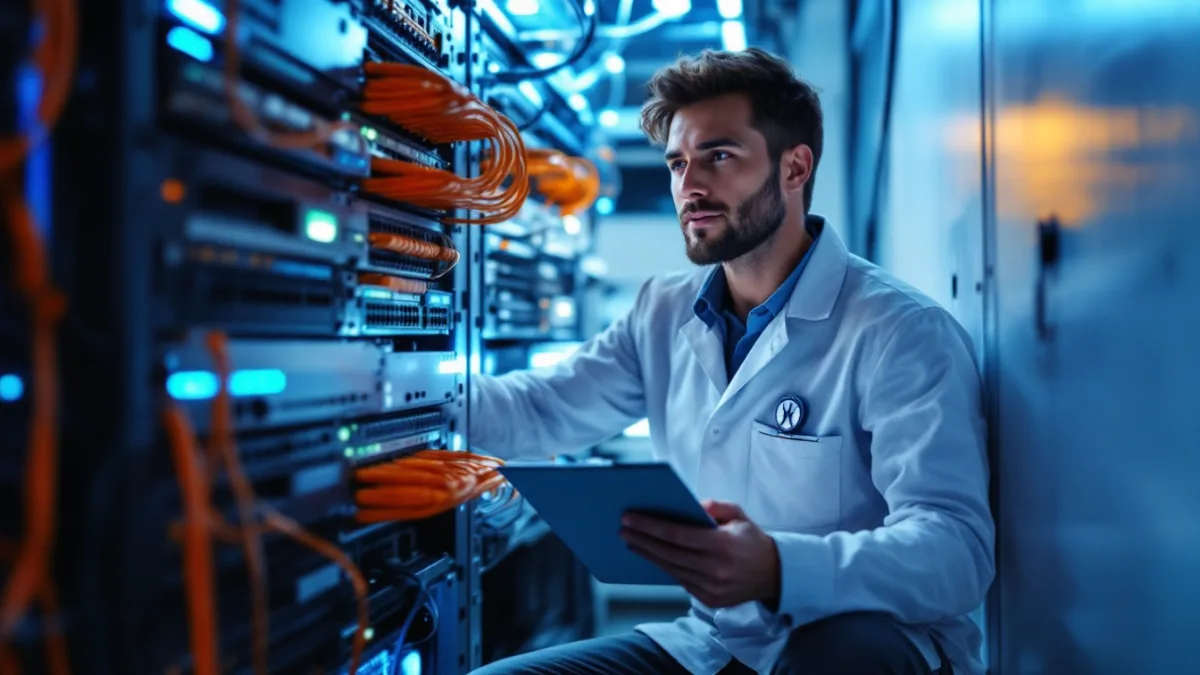 Technician checking network switches and backup equipment with a tablet checklist for a medical practice