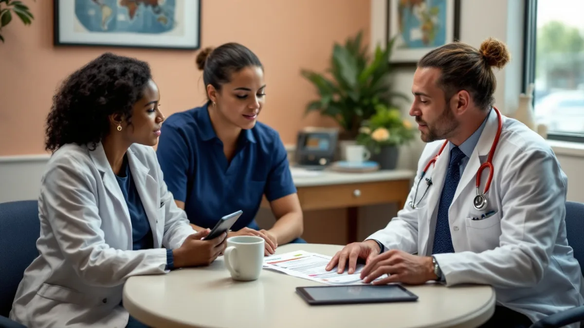 Physicians and an office manager reviewing a HIPAA security risk analysis report at a clinic breakroom table